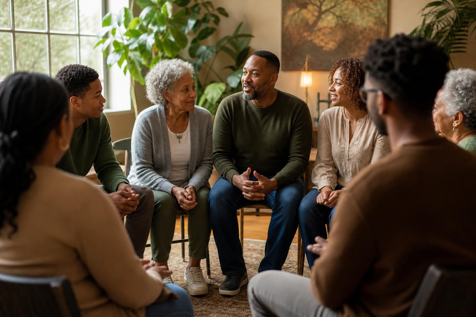 A multigenerational circle of Black and Brown community members in supportive conversation